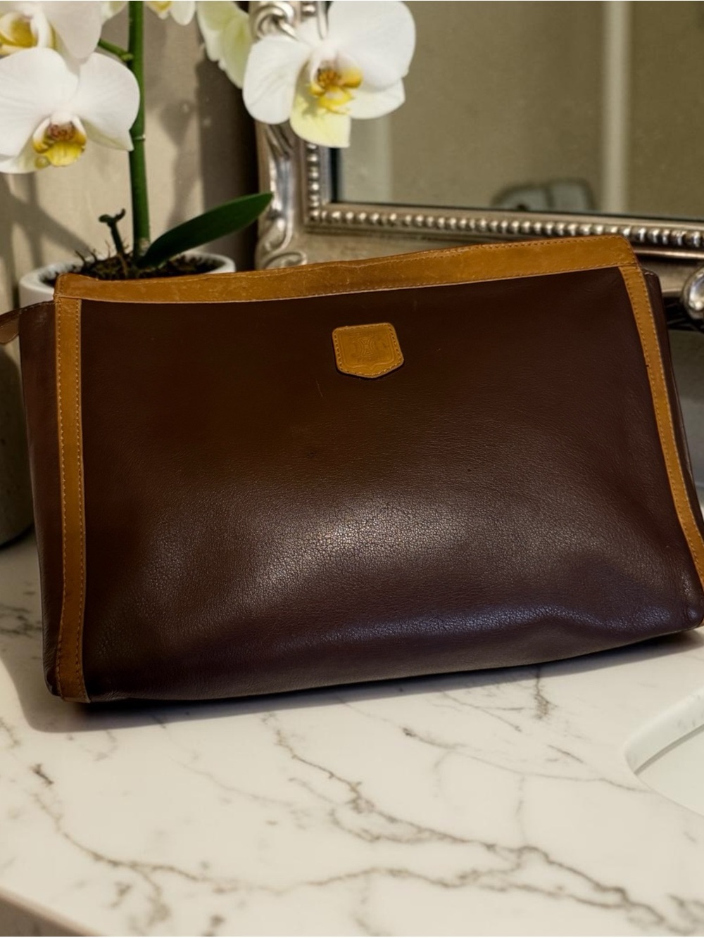 Celine Vintage Brown Leather Toiletry Bag with Tan Trim